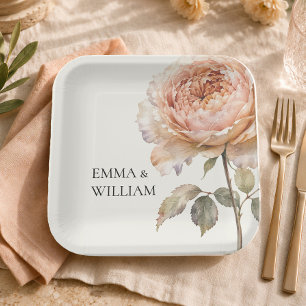 Elegant Peach Peony Personalised Wedding Party Paper Plate