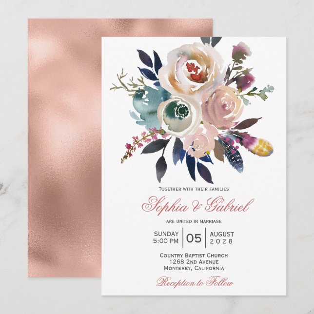 Elegant Peach Pink Blue Floral Wedding Invitation (Front/Back)