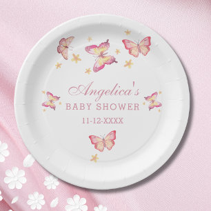 Elegant Peach Pink Butterfly Baby Girl Shower Paper Plate