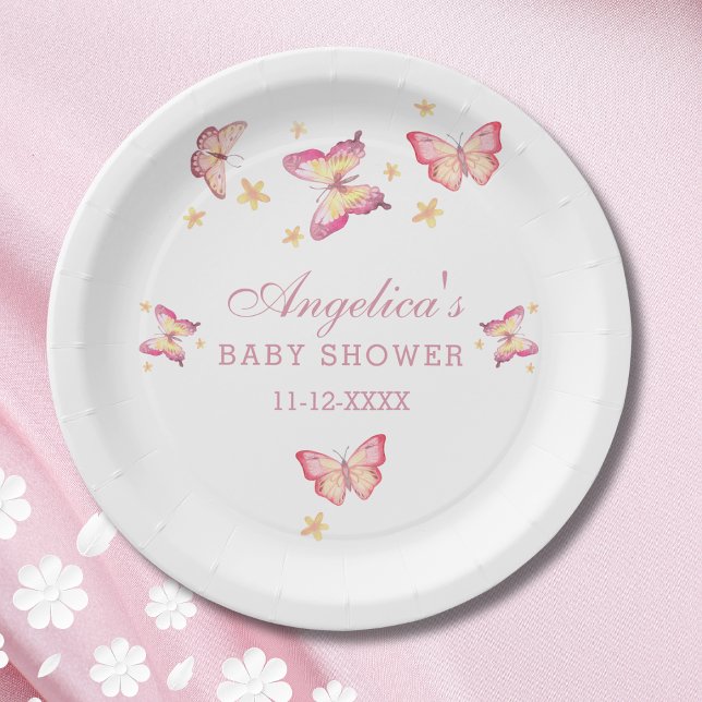 Elegant Peach Pink Butterfly Baby Girl Shower Paper Plate (Creator Uploaded)