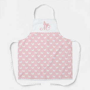 Elegant Peach Pink Monogram Butterfly Pattern Apron