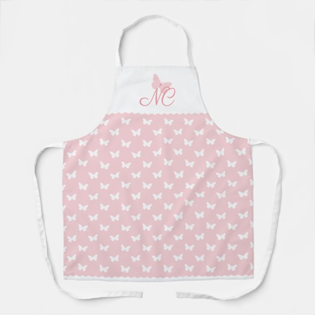 Elegant Peach Pink Monogram Butterfly Pattern Apron (Front)