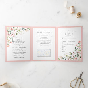 Elegant Peach Pink Watercolor Floral Meals Wedding Tri-Fold Invitation