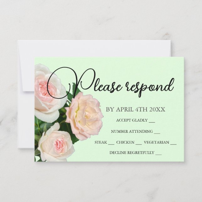 Elegant peach pink white roses floral RSVP card (Front)