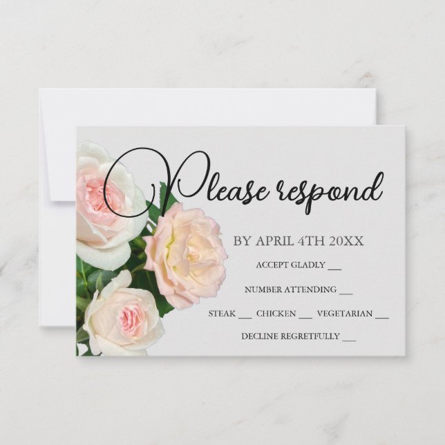 Elegant peach pink white roses floral RSVP card (Front)