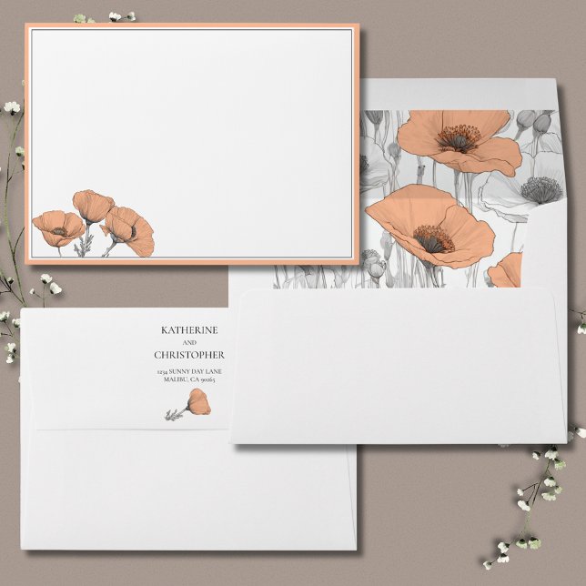 Elegant Peach Poppies Wedding Invitation Envelope (Elegant Peach Poppies Wedding Invitation Envelope with Return Address and colorful liner.)