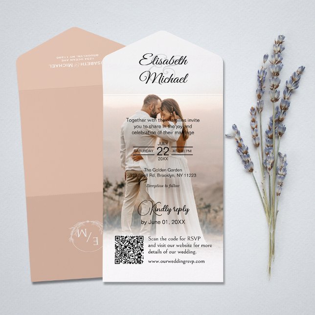 Elegant Peach QR Code Photo Wedding All In One Invitation (All-in-one wedding invitation with QR code to RSVP - Simplify and save time for you and your guests.)