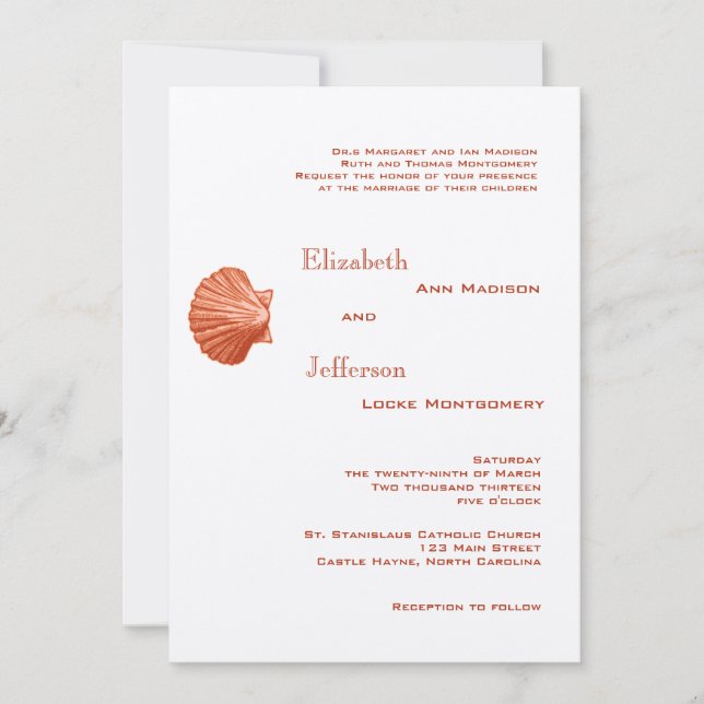 Elegant Peach Rattan Seashell Wedding Invitation (Front)