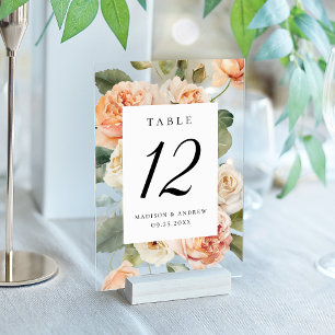 Elegant Peach Rose Acrylic Wedding Table Number
