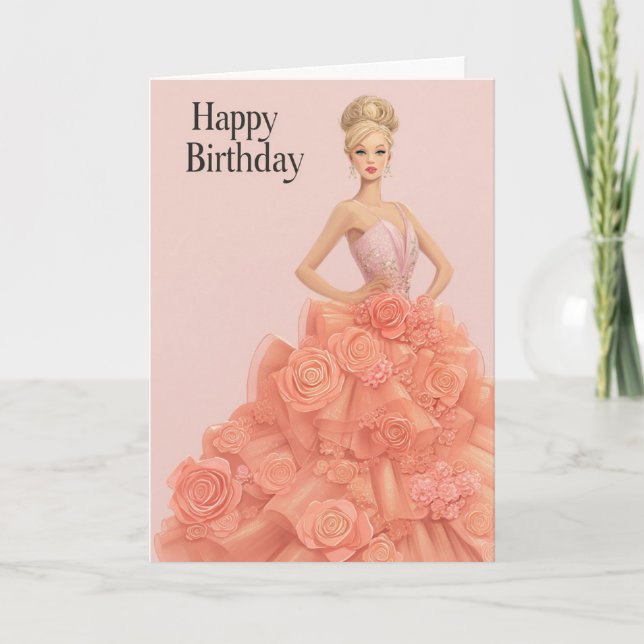 Elegant Peach Rose Gown Birthday Card for Her (Front)