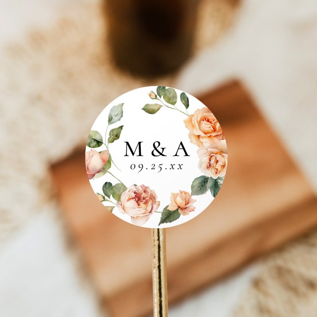 Elegant Peach Rose Monogram Wedding Classic Round Sticker (Creator Uploaded)