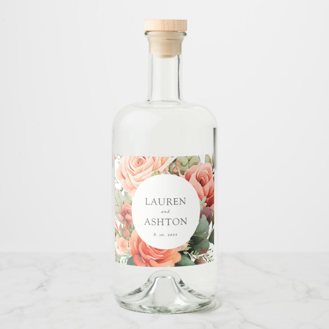 Elegant Peach Rose Personalised Wedding Liquor Bottle Label (Front)