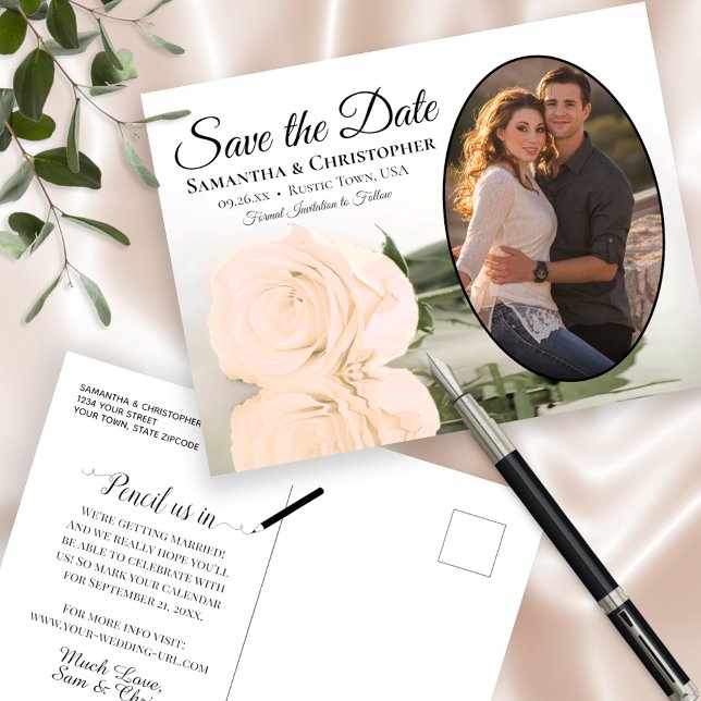 Elegant Peach Rose & Photo Wedding Save The Date Announcement Postcard (Creator Uploaded)