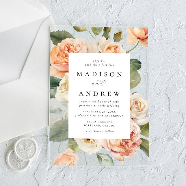Elegant Peach Rose Wedding Acrylic Invitations (Creator Uploaded)