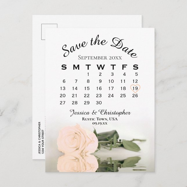 Elegant Peach Rose Wedding Calendar Save the Date Announcement Postcard (Front/Back)