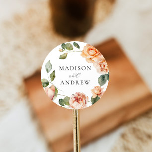 Elegant Peach Rose Wedding Classic Round Sticker