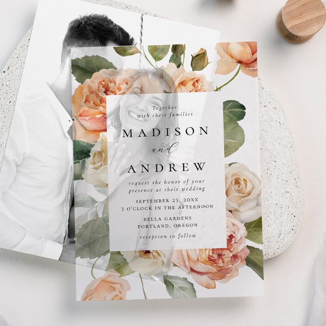 Elegant Peach Rose Wedding Vellum Invitations (Creator Uploaded)