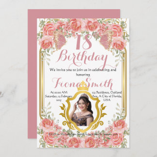 Elegant Peach Roses Floral Birthday Invitation Car