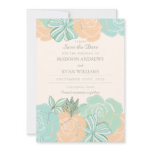 Elegant Peach Roses Mint Floral Save the Date