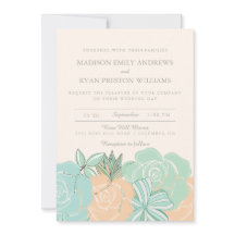 Elegant Peach Roses Mint Floral Wedding Invitation