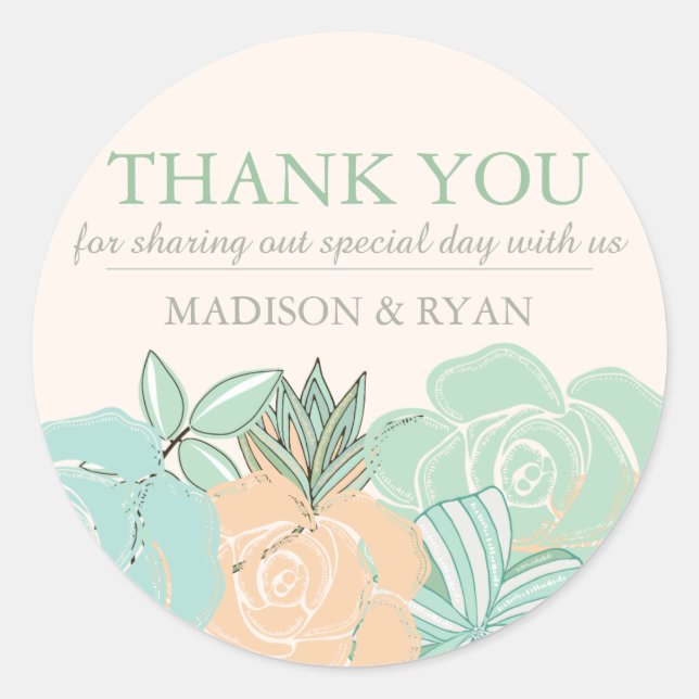 Elegant Peach Roses Mint Floral Wedding Thank You Classic Round Sticker (Front)