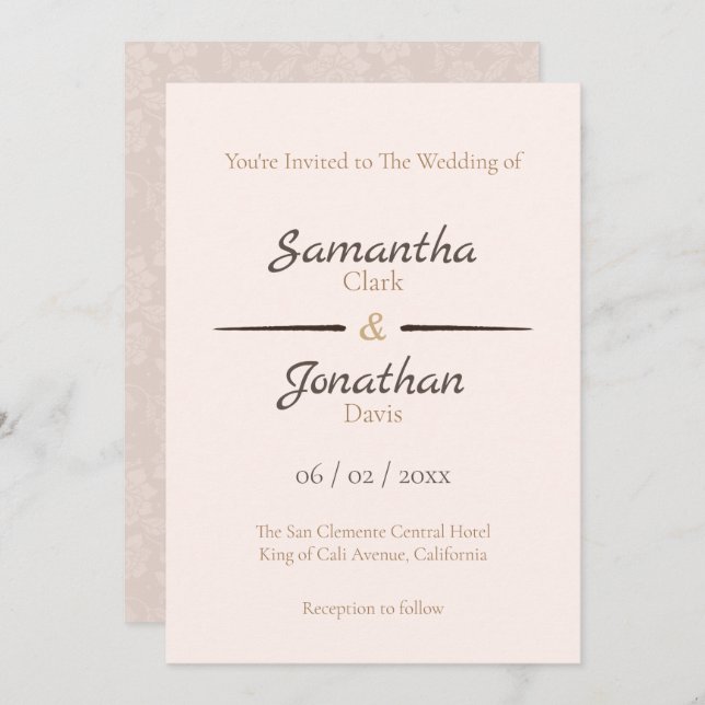 Elegant Peach Roses on Back Wedding Invitation (Front/Back)