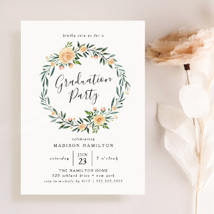 Elegant Peach Roses Wreath Graduation Party Invitation