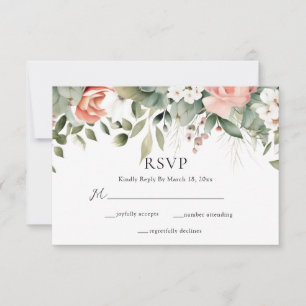 Elegant Peach Sage Green Floral Wedding RSVP Card