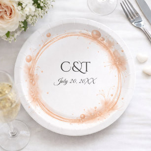 Elegant Peach Sparkle Wedding Script Calligraphy Paper Plate