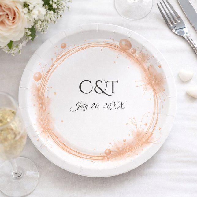 Elegant Peach Sparkle Wedding Script Calligraphy Paper Plate (Creator Uploaded)