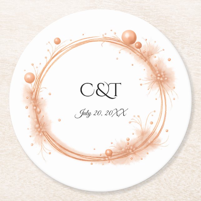 Elegant Peach Sparkle Wedding Script Calligraphy Round Paper Coaster (Front)