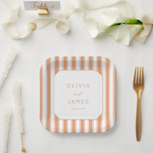 Elegant Peach Striped Geometric Paper Plate
