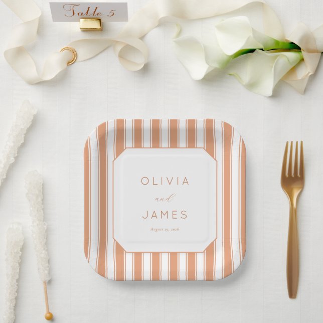 Elegant Peach Striped Geometric Paper Plate (Wedding)