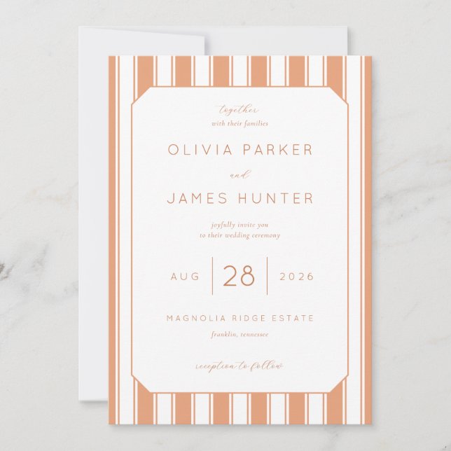Elegant Peach Striped Wedding Invitation (Front)