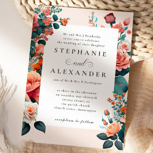 Elegant Peach & Teal Floral Formal Wedding Invitation