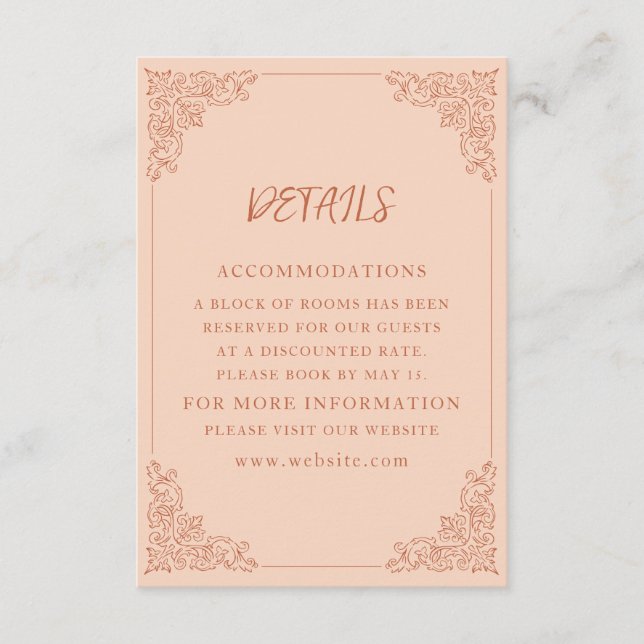 Elegant Peach Terracotta Wedding Details Enclosure Card (Front)