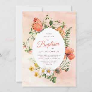 Elegant Peach Watercolor Floral Baptism Invitation