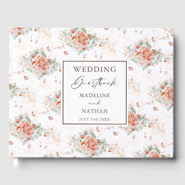 Elegant Peach Watercolor Floral Wedding Guest Book (Front)