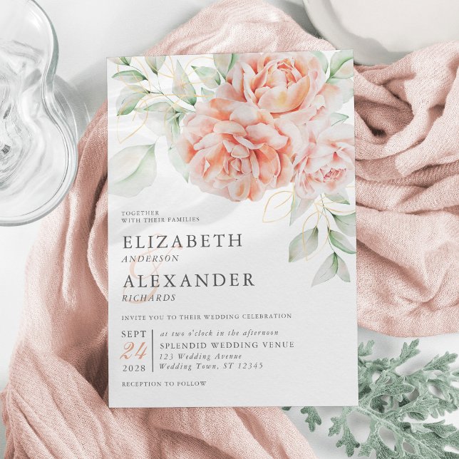 Elegant Peach Watercolor Floral Wedding Invitation (Creator Uploaded)