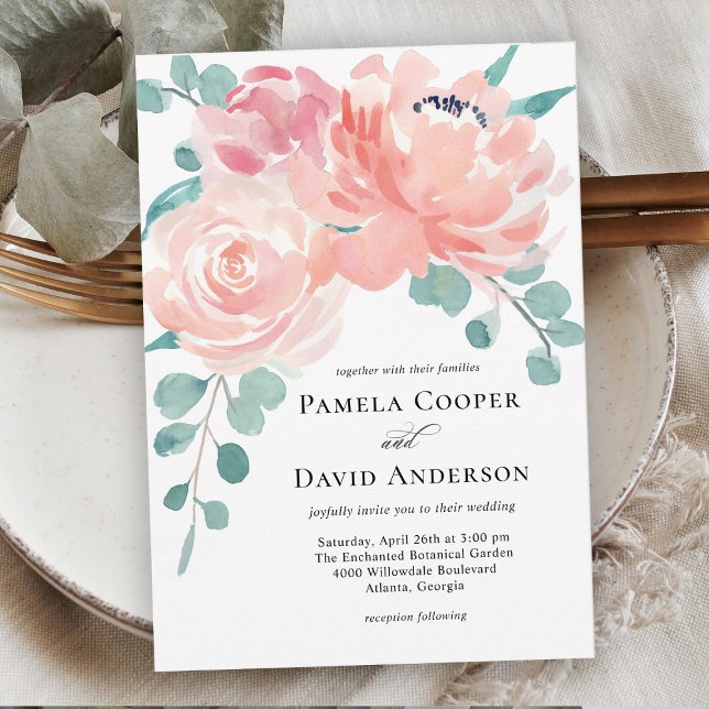 Elegant Peach Watercolor Floral Wedding Invitation (Creator Uploaded)