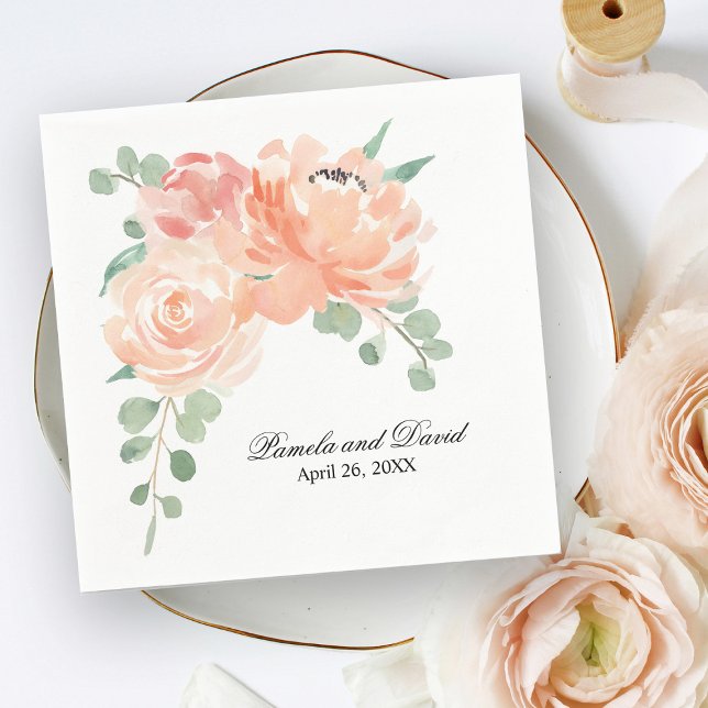 Elegant Peach Watercolor Floral Wedding Napkin (Creator Uploaded)