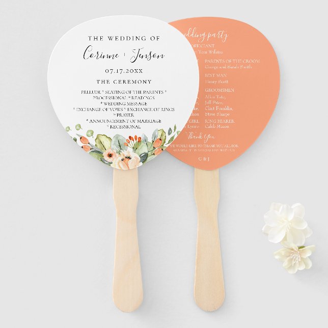 Elegant Peach Watercolor Floral Wedding Program Hand Fan (Front and Back)