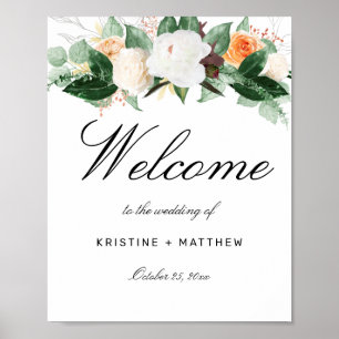 Elegant Peach Watercolor Floral Wedding Welcome Poster