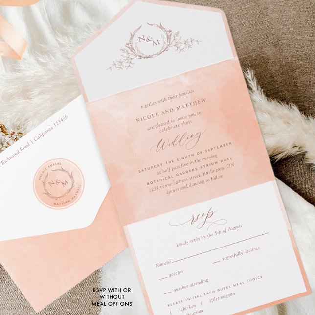 Elegant Peach Watercolor Monogram Wedding All In O One Invitation (Creator Uploaded)