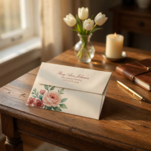 Elegant Peach Watercolor Rose Floral Stationery Envelope