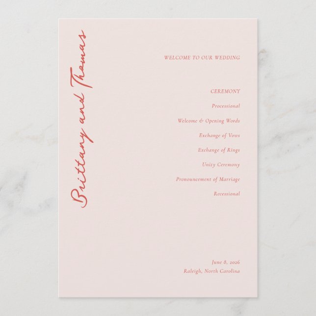 Elegant Peach Wedding Ceremony Program (Front)