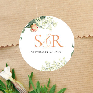 Elegant Peach Wedding Floral Custom Classic Round Sticker