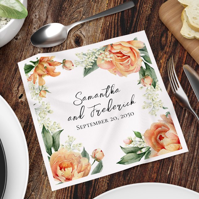 Elegant Peach Wedding Floral Custom Napkin (Elegant wedding cocktail napkin with peach floral accents. )
