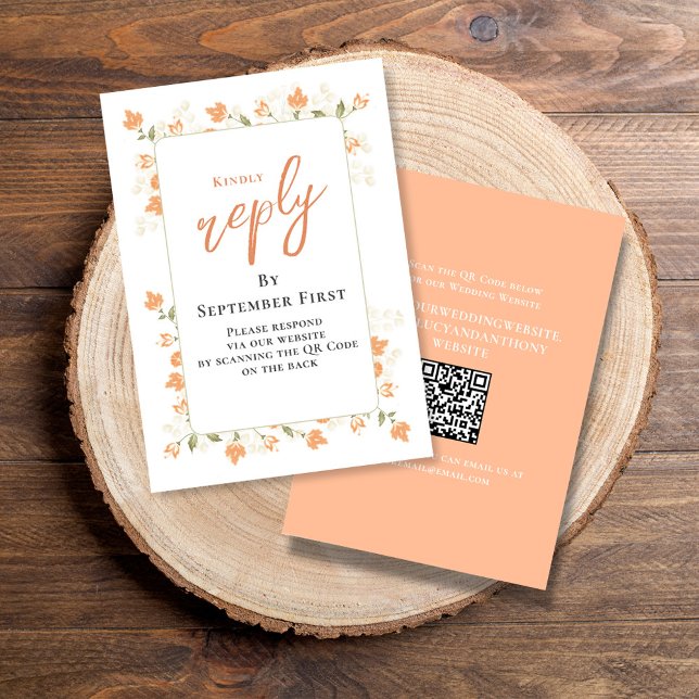 Elegant Peach Wedding RSVP Custom Card (Simple Wedding reply card with a peach floral design and QR code template.)