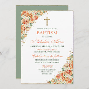 Elegant Peach, White, and Gold Floral Baptism Invitation